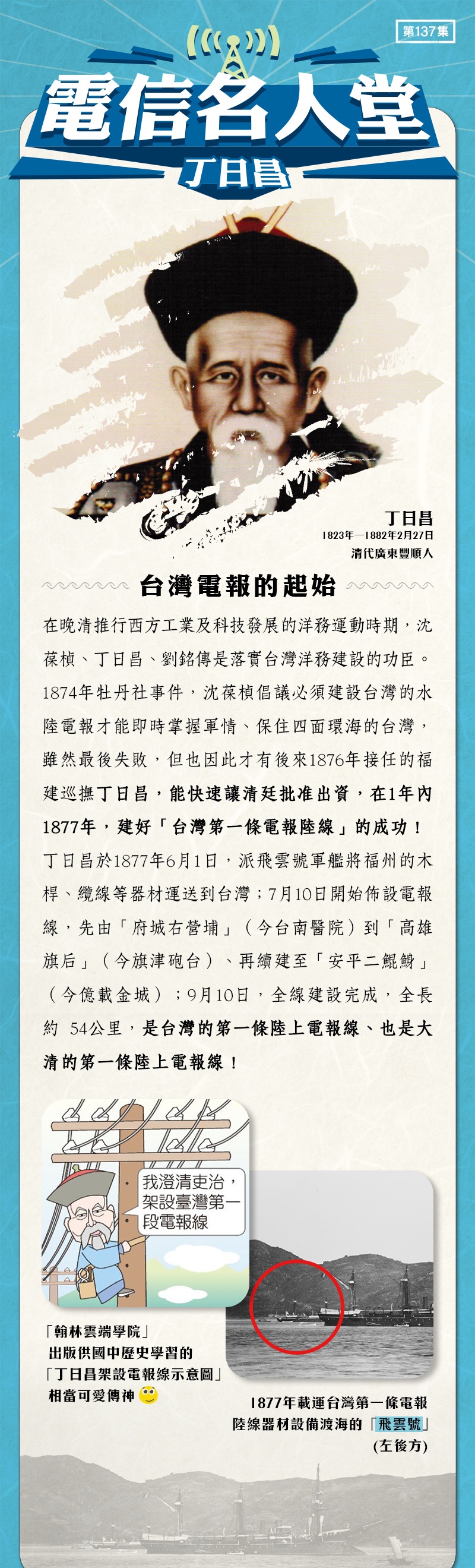 丁日昌（1823年—1882年2月27日），清代廣東豐順人。
在晚清推行西方工業及科技發展的洋務運動時期，沈葆楨、丁日昌、劉銘傳是落實台灣洋務建設的功臣。
1874年牡丹社事件，沈葆楨倡議必須建設台灣的水陸電報才能即時掌握軍情、保住四面環海的台灣，雖然最後失敗了，但也因此才有後來1876年接任的福建巡撫丁日昌，能快速讓清廷批准出資，在1年內的1877年，建好「台灣第一條電報陸線」的成功！
丁日昌於1877年6月1日，派飛雲號軍艦將福州的木桿、纜線等器材運送到台灣；7月10日開始佈設電報線，先由「府城右營埔」（今台南醫院）到「高雄旗后」（今旗津砲台）、再續建至「安平二鯤鯓」（今億載金城）；9月10日，全線建設完成，全長約 54公里，是台灣的第一條陸上電報線、也是大清的第一條陸上電報線！

「翰林雲端學院」出版供國中歷史學習的「丁日昌架設電報線示意圖」
相當可愛傳神😊

1877年載運台灣第一條電報陸線器材設備渡海的「飛雲號」(圖左後方)

同場加映 
丁日昌原議續建台南到基隆的電報線，但飛雲號載來的剩料不夠了，他又因勞累於1877年8月告病返鄉，可惜電報北線計畫隨即擱停。雖然丁日昌駐紮台灣才短短不到一年，但除了建成台灣首條電報線，還推動煤礦、石油開採，茶葉、樟腦及咖啡種植，招募閩粵居民來台墾荒東部、培養原住民人才，並嚴格打擊貪污，努力改革臺灣的吏治。
